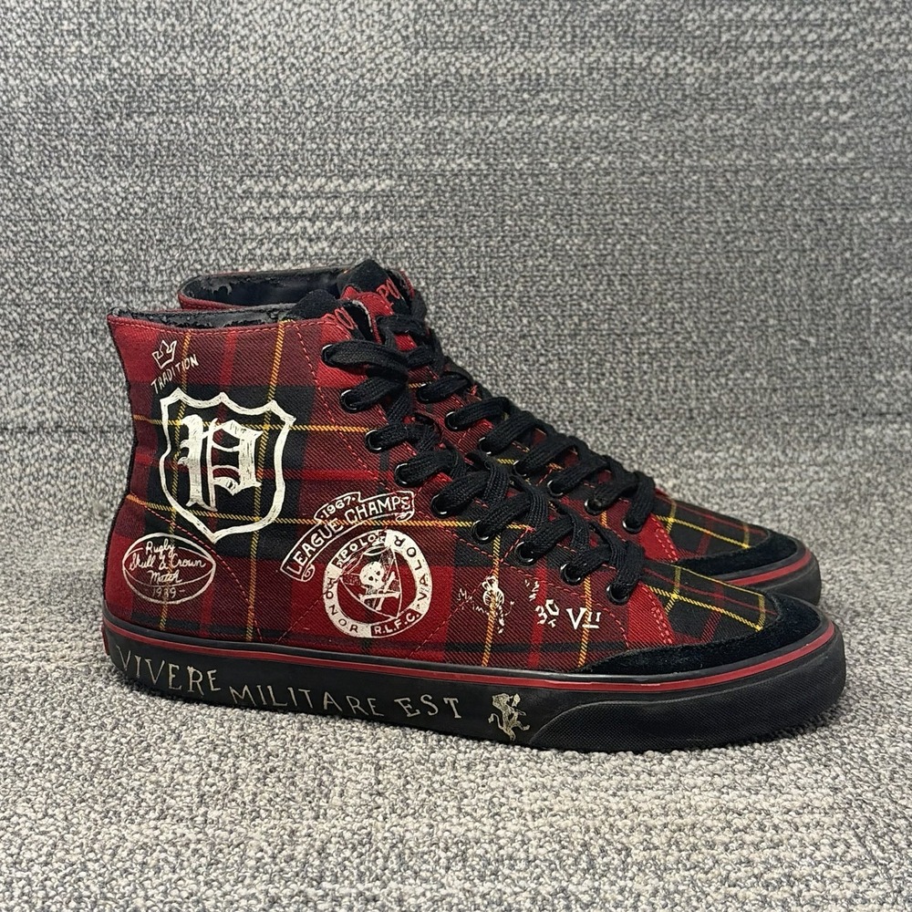Polo Ralph Lauren Solomon Shoes Mens Sz 12 Red Tartan Plaid Skull Crown High Top